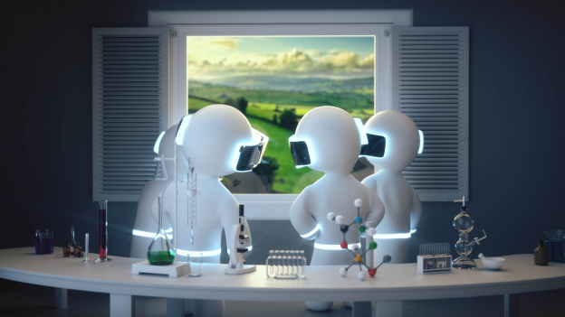 Minions in lab looking at green pastures